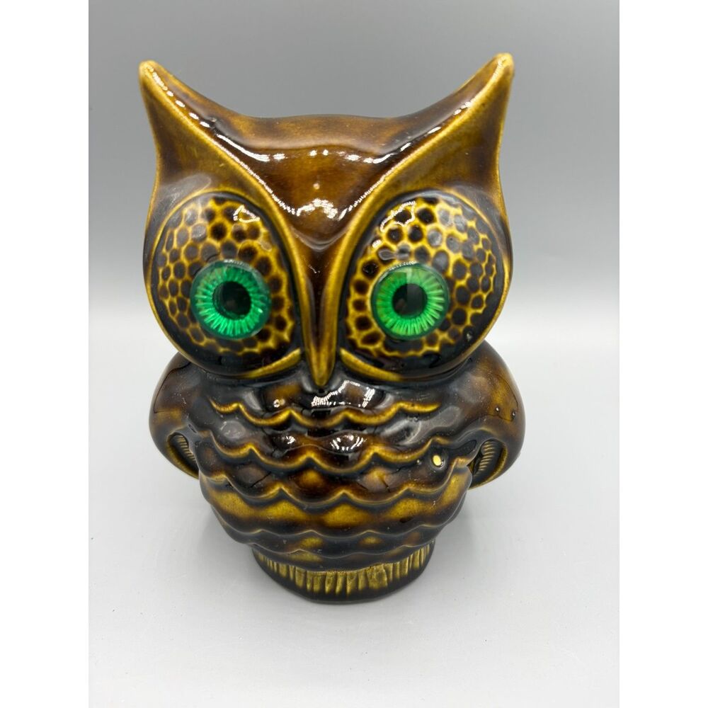 Vintage 1970s Ceramic Owl Bank Brown Green Eyes Owl Collector Decor